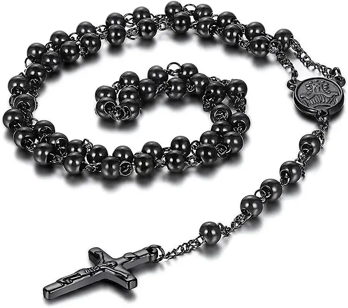 JewelryWe Mens Womens Stainless Steel Pendant Necklace Black Jesus Christ Crucifix Cross Rosary Vintage 29.7 inch Chain