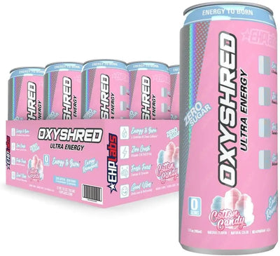 EHPlabs OxyShred Ultra Energy Drink - Performance Carbonated Healthy Energy Drink with B Vitamins & Amino Acids, Zero Sugar, Zero Carbs & Zero Calories, Natural Clean Caffeine, Cotton Candy (12-Pack)