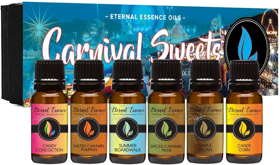 Carnival Sweets - Gift Set of 6 Premium Fragrance Oils - Candy Corn, Salted Caramel Pumpkin, Candy Concoction, Summer Boardwalk, Spiced Caramel Pear and Maple Pecan - Eternal Essence Oils