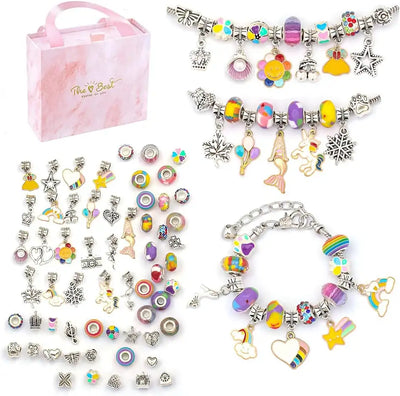 Charm Bracelet Making Kit for Girls 63Pcs Jewelry Making Kit DIY Jewelry Beads Chain Arts and Crafts Jewelry Making Supplies Mermaid Butterfly Star Craft Gift Birthday Kids Friendship Gift (Colorful)