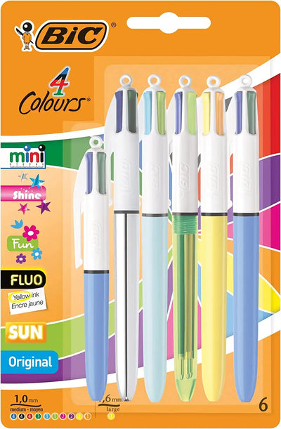 BIC 4 Colours Ball Pen Set with Sun, Fun, Shine, Fluo, Mini, and Original - Assorted Ink Colours, Pack of 6, 962602