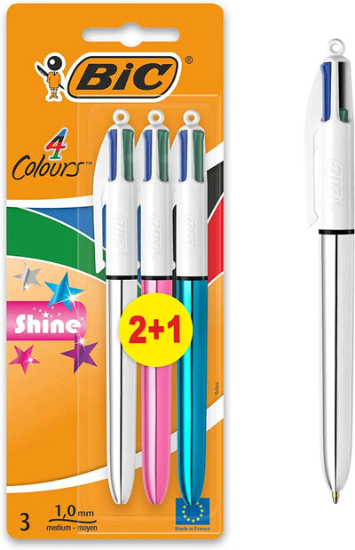 BIC 954330 4 Colours Shine Retractable Ball Pen Medium Point (1.0 mm) - Assorted Body Colours, Pack of 3 Pens Visit the BIC Store