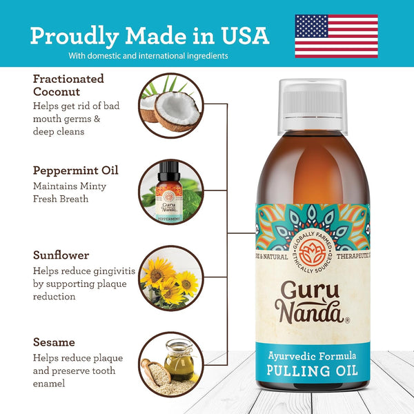 GuruNanda Oil Pulling Oil Oral Detox Oil Refreshing Ayurvedic Blend of Coconut, Sesame, Sunflower, & Peppermint Oils
