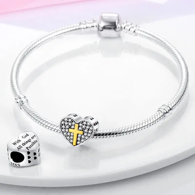 Sparking Zircon Heart Shape Charms Beads 925 Sterling Silver Cross Dangle Pendant Fit Pandora Bracelet Necklace DIY Jewelry
