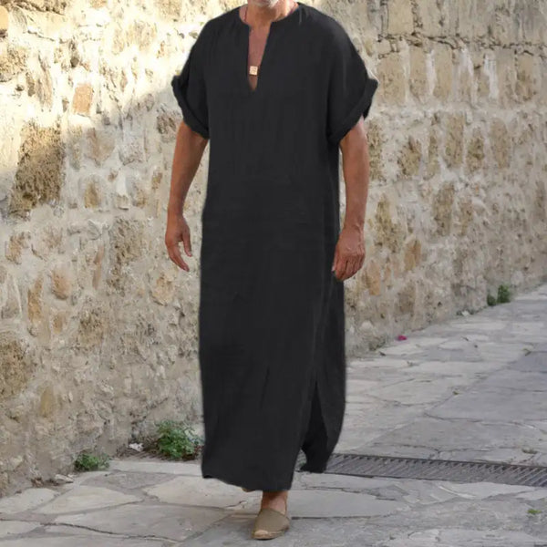 Jubba Thobe Islamic Arabic Kaftan Men Linen Cotton Solid Short Sleeve Hooded Robes Dubai Middle East Muslim Clothes Abaya Homme