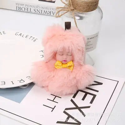 New Cute Sleeping Baby Doll Key Chain Real Rex Rabbit Fur Keychain Fluffy Pom Pom Keyring Bag Car Trinket Women Gift  11cm