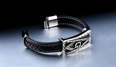 Vintage Men's Masonic Stainless Steel Freemason Genuine Leather Bracelet Cuff Jewelry Accessories