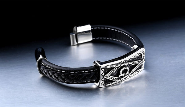 Vintage Men's Masonic Stainless Steel Freemason Genuine Leather Bracelet Cuff Jewelry Accessories