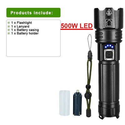1000000LM 600W LED Powerful Flashlight USB Recharge Flash Light 12000MAh  LED Flashlight Zoom Tactical Lantern Long Shot Torch