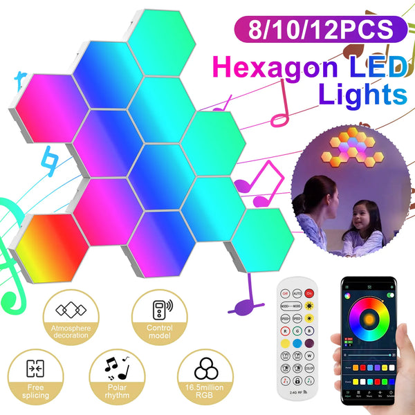 12/8Pcs Touch Sensor LED Night Light Hexagon Wall Light APP Bluetooth Control Music Sync Lights Home Decor RGB Gamer room Decor