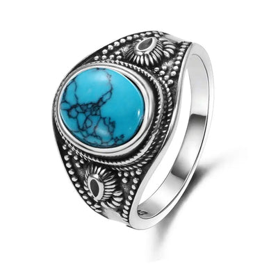 Silver Jewelry  Retro Oval Ring Men Women Natural Turquoise 8x10MM Gift Wholesale Party Wedding