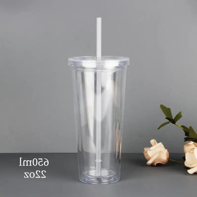 1pcs 450ml Double-walledIce PlasticIced Tumbler Cold Drink Travel Mug Coffee Juice Tea Cup With Straw Reusable Smoothie