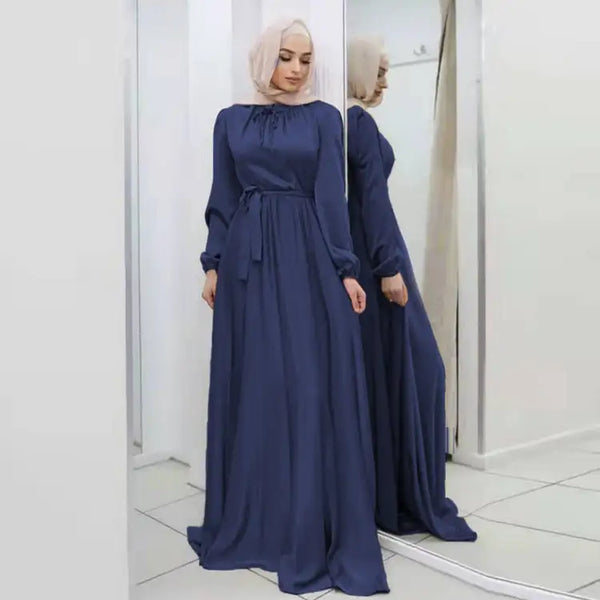 Hijab Satin Dress Ramadan Muslim Fashion Belted Abaya Dubai Turkey Arabic African Maxi Dresses for Women Islam Clothing Robes
