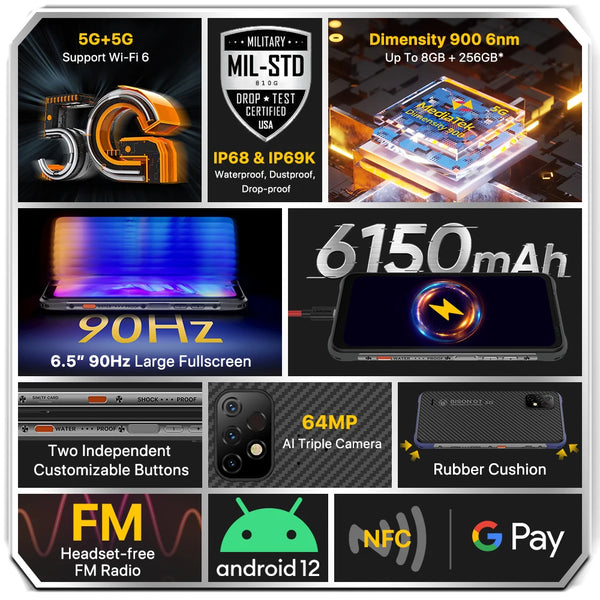 UMIDIGI BISON GT2 PRO 5G Rugged Smartphone, Dimensity 900 CPU, IP68& IP69K, 6.5"FHD+, NFC, 90Hz, 64MP Camera, 6150mAh Battery