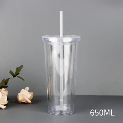 350/450/650ml Clear Tumbler With Straw Reusable Transparent Double-layer Water Bottle For Coffee Milk DIY Smoothie Cup Drinkware