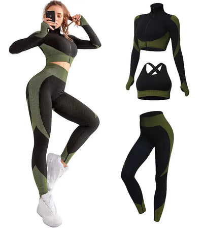 CZGUKE Women 3pcs Seamless Workout Outfits Sets Yoga Sportswear Tracksuit Leggings and Stretch Sports Bra Fitness