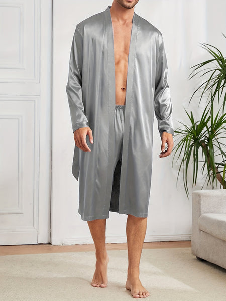 Men's Simple Style Casual Pajamas Sets,Men's Comfy Solid Robe, Home Pajamas Wear One-piece Lace Up & Loose Shorts Home Pajamas Sets