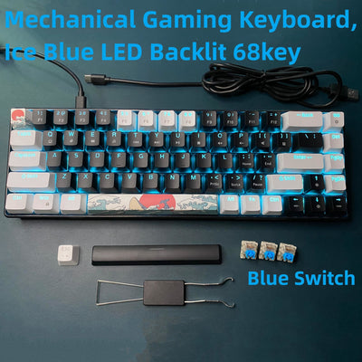 Portable 60% Mechanical Gaming Keyboard, Ice Blue LED Backlit Compact 68 Keys Mini Wired Office Keyboard With Blue Switch For Windows Laptop PC For Mac