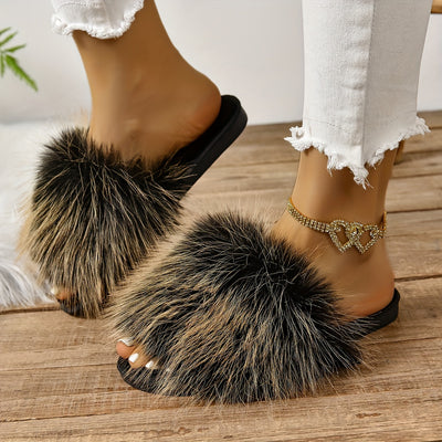 Faux Fur Fluffy Flat Slippers, Trendy Open Toe Soft Sole Shoes, Winter Warm Indoor Slippers