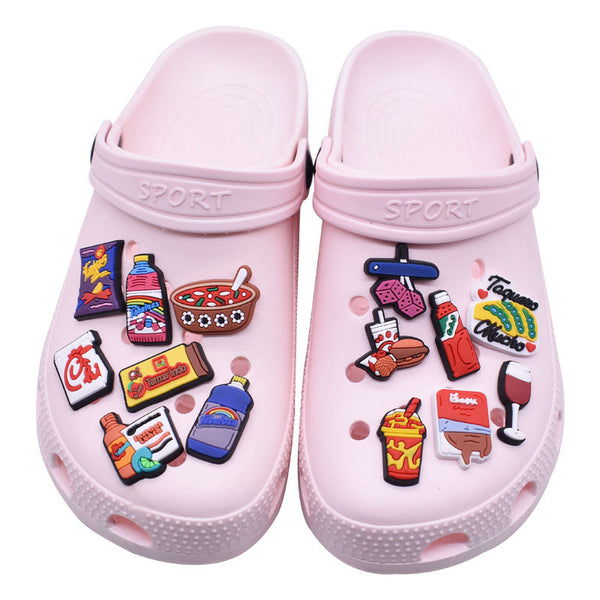 Hot 20PCS Mexico Style Fashion Food Icon Shoes Charms For Kids Croc Accessories DIY Gifts Potato Chips Bottle Wristband Buckle