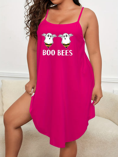 Plus Size Halloween Sexy Lounge Dress, Women's Plus Bee Ghost & Letter Print Scoop Neck Medium Stretch Cami Nightdress