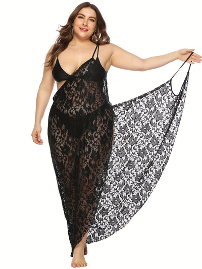 Plus Size Boho Cover Up, Women's Plus Floral Jacquard Contrast Lace V Neck Easy-To-Wear Cover Up Dress