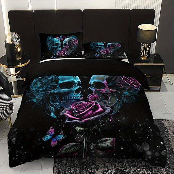 3pcs Duvet Cover Set (1*Duvet Cover + 2*Pillowcase, Without Core), Fashion Gothic Rose Skull Print Bedding Set, Soft And Skin-friendly Duvet Cover, For Bedroom, Guest Room