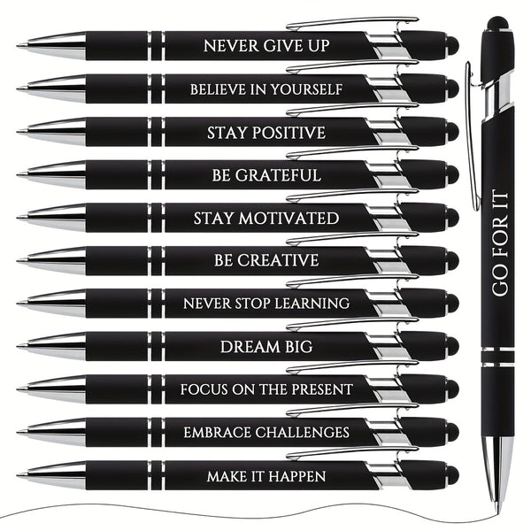 12pcs Inspirational Ballpoint Pen Set - Motivational Messages, Metal Black Ink & Encouraging Stylus Tip