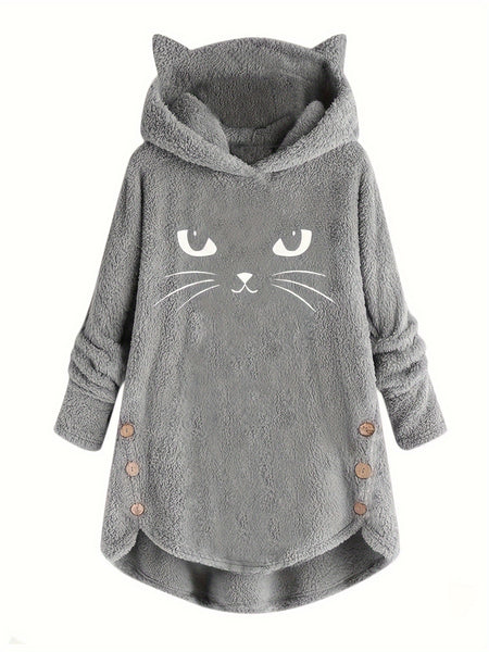 Cat Print Dipped Hem Plush Hoodie, Casual Long Sleeve Button Hoodie Sweatshirt, Women's Clothing