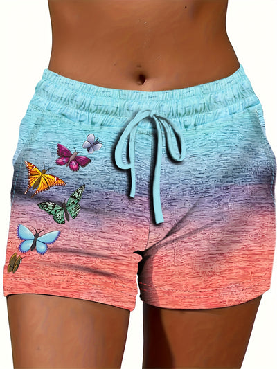 Butterfly Print Ombre Shorts, Casual Drawstring Waist Sporty Shorts With Pocket, Women's Clothing