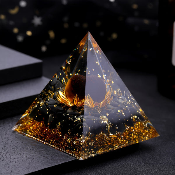 1pc Natural Stone Black Gold Crystal Pyramid Inlaid Tiger Eye Ball Decoration,
