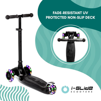 i-Glide 3-Wheel Scooter for Kids Ages 2 to 8 yrs. Adjustable Height Handlebar, Light-up Wheels, Australian Owned and Designed