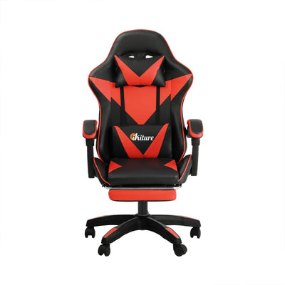 Oikiture Gaming Chair with Massage and 135° Recline, Executive Office Chair PU Leather Racing Chair with Footrest, Height Adjustable SGS Listed Gas-Lift, 160kg Capacity (Black&Red)