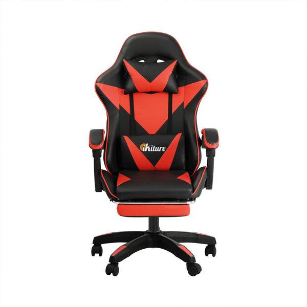 Oikiture Gaming Chair with Massage and 135° Recline, Executive Office Chair PU Leather Racing Chair with Footrest, Height Adjustable SGS Listed Gas-Lift, 160kg Capacity (Black&Red)