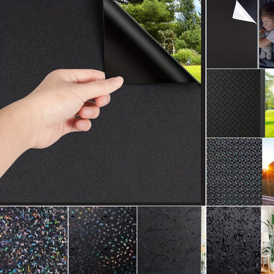 Black Vintage Frosted Pattern Blackout Privacy Patch Window Film Laser Decorative Window Film Opaque Removable Static Adsorption Film High Privacy Heat Insulation, Glueless, Sun Protection PVC Window Film For Bathroom Living Room Home Decor