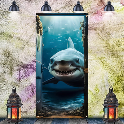 1pc Undersea Angry Shark Banner (35.4 Inches * 70.8 Inches / 90 Cm * 180 Cm), Polyester Door Cover, Door Cover, Party Hanging Banner, Holiday Decoration, Party Supplies, Interior Decoration.