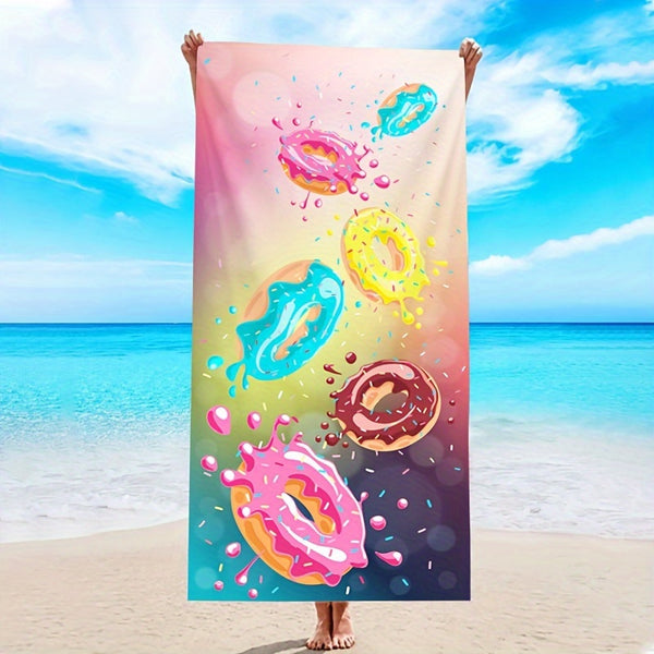 Donut Printed Beach Towel, Quick Drying Absorbent Beach Towel, Soft Beach Blanket, For Outdoor Travel Camping Swimming Yoga, Beach Essentials