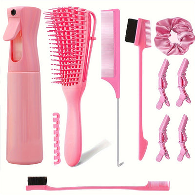 10Pcs Hair Brush Comb Set For Natural Hair With Hair Spray Bottle, Detangling Brush Hair Styling Brush Set For Wet And Dry Hair