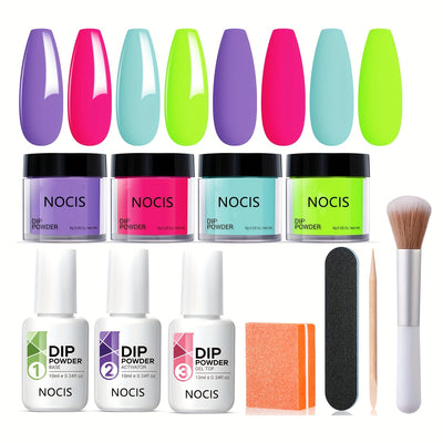 11 pieces Neon Pink, Green, Purple, and Neutral Acrylic Dip Powder Nail Kit with Base Coat, Top Coat, and Activator for French Manicure - DIY Salon Gift Set
