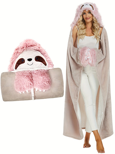 Plus Size Cute Lounge Robe, Women's Plus Sloth Pattern Plush Flannel Fleece Wearable Hooded Blanket, Warm Cloak Wrap