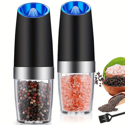 2pcs Gravity Electric Pepper And Salt Grinder Set, Adjustable Coarseness, Battery Powered With LED Light, One Hand Automatic Operation, Stainless Steel Black 7.8inch/2inch