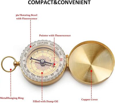 Camping Survival Compass, Classic Pocket Style Metal Copper Clamshell Compass, Glow in The Dark Military Compass for Hiking Camping Hunting Climbing Outdoor Survival Gear Navigation Tool