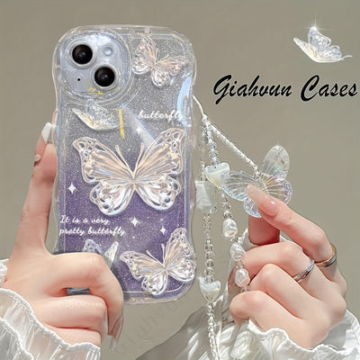 Laser Butterfly Artificial Pearl Crystal Anti-lost Bracelet Super Flash Dream Butterfly Phone Case For iPhone 14 13 12 11 Pro MAX Plus + Mini X/XS XR XSMax 7/8 7Plus/8Plus