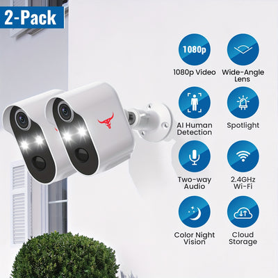 2pcs Wireless Outdoor Security Camera, Wi-Fi Battery Camera With Smart Human And Motion Detection, 1080P Video 2 Way Audio, Color Night Vision, Cloud Storage, 2.4G WiFi, Battery Powered Outdoor IP Camera For Home Security