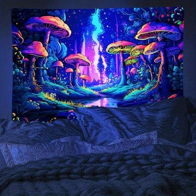 1pc Mysterious Mushroom Forest Plants Fluorescent Tapestry, Halloween Polyster UV BlackLight Tapestry, Wall Hanging For Living Room Bedroom Office Home Decor Room Decor Party Decor, With Free Installation Package