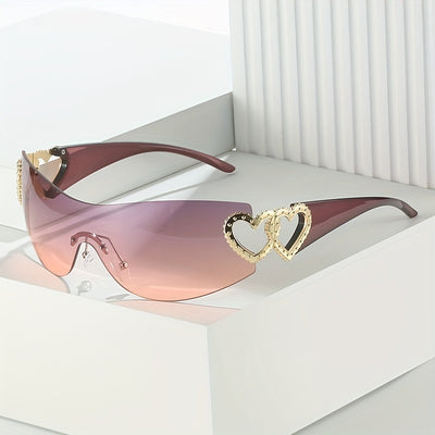 Y2K Wrap Around Fashion Sunglasses For Women Men One-piece Gradient Lens Glasses Heart Design Hollow Temple Eyewear