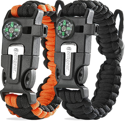 aZengear Paracord Survival Bracelet (Pair) - Compass, Flint Steel Fire Starter Ferro Rod, Mini Saw, Whistle, Adjustable Wrist Size for Camping, Emergency Kit Equipment (Black & Orange)