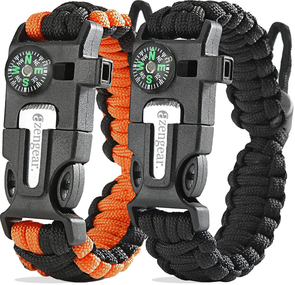 aZengear Paracord Survival Bracelet (Pair) - Compass, Flint Steel Fire Starter Ferro Rod, Mini Saw, Whistle, Adjustable Wrist Size for Camping, Emergency Kit Equipment (Black & Orange)