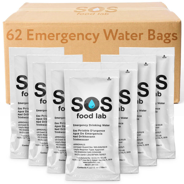 Emergency Water Pouches for Survival, 5 Year Shelf Life, Pack of 62-125 ml each