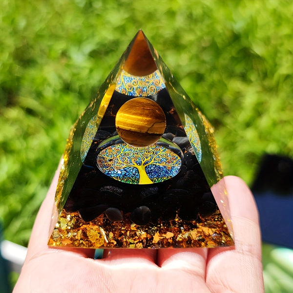 1pc Tree Of Life Energy Orgonite Pyramid Natural Stone Obsidian Tiger Eye Healing Crystal Reiki Chakra Orgone Pyramid
